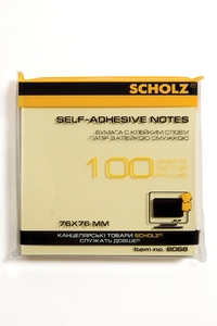 Блок паперу з клейким шаром, 76x76мм, 100 аркушів, жовтий 8068 02041393 Scholz