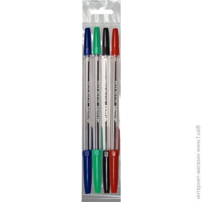 Набор шариковых ручек: красная, синяя, черная, зеленая 0,7 мм 4-106 01010303 4Office