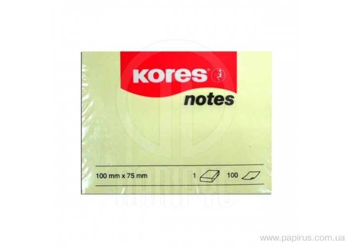 Стікери паперові, 75х100 мм, 100 аркушів, світло-жовті K46100 Kores