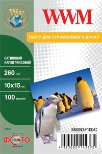 Фотопапір сатиновий напівглянцевий 10х15, 100 аркушів, щільність 260 г/м2 MS260.F100/C WWM