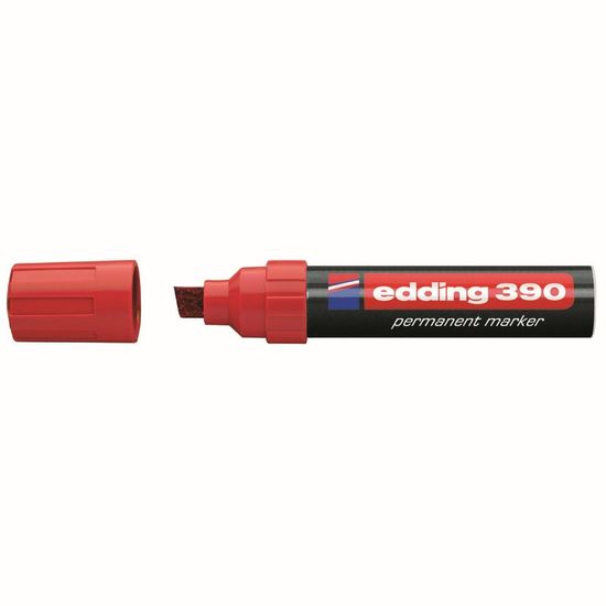 Маркер Permanent e-390 для нанесення стійких написів практично на будь-яку поверхню, на спиртовій основі, червоного кольору, товстий клиноподібний пишучий вузол, ширина лінії 4-12 мм. Вироблено в Німе