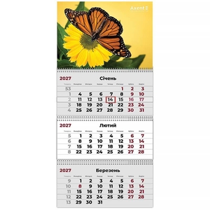 Календар настінний квартальний на 2027 рік, 63х29,8 см, 3 пружини Butterflies 2 8803-27-5-A Axent