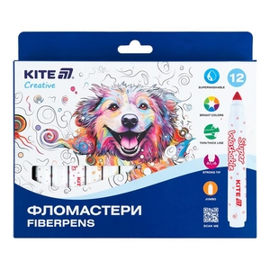 Фломастеры, 12 цветов на водной основе Creative Superwashable Jumbo K-1155 Kite