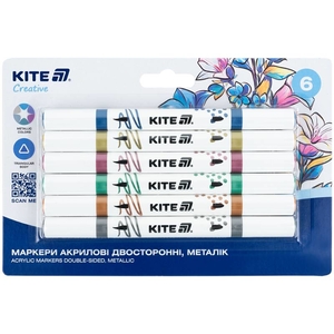 Маркери акрилові двосторонні, 6 кольорів Creative Metalic K-1294 Kite