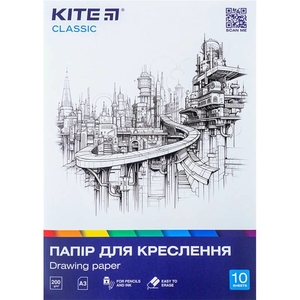Папір для креслення А3, 10 аркушів в папці, щільність 200 г/м2 Classic K-270 Kite