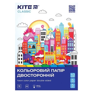 Папір кольоровий А4, 5 неонових + 5 стандартних кольорів, 80 г/м2 Classic K-288 Kite