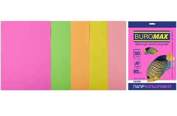 Бумага цветная А4, 5 цветов по 10 листов, плотность 80 г/м2 NEON BM.2721550-99 Buromax