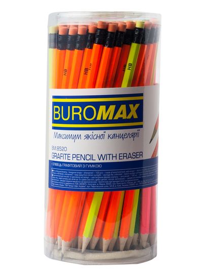 Олівець чорнографітний НВ, з гумкою, мікс NEON BM.8520 Buromax Олівець чорнографітний НВ, з гумкою, мікс NEON BM.8520 Buromax