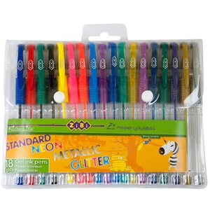 Набір з 18 гелевых ручок, NEON+STANDART+GLITTER+METALLIC, в пластиковому пеналі, KIDS Line ZB.2206-9