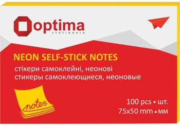 Блок бумаги с клейким слоем, 75х50 мм, 100 листов, желтый неон O25512-05 Optima