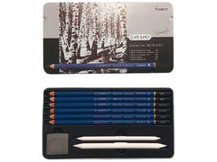 Набір для графіки: 6 вугільних олівців різної твердості, гумка, 2 паперові розтушовки Chroma 1041-9TN Marco
