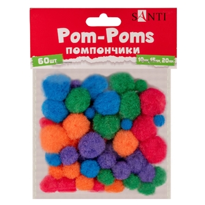 Помпони декоративні мікс кольорів, розмір 10 мм, 15 мм та 20 мм, 60 шт в упаковці 954671 Santi