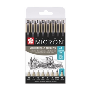 Набір лінерів чорних, 6 шт різної товщини письма PIGMA MICRON + Pigma Brush 8712079421731
 Sakura