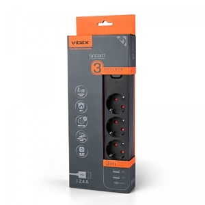 Сетевой фильтр-удлинитель 3 м, 3 розетки 2.4А 2USB+USB-C Black ONCORD 27694 Videx