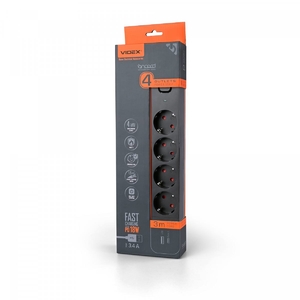 Мережевий фільтр-подовжувач 3 м, 4 розетки 3.4А USB(QC3.0) +USB-C(PD18W) Black ONCORD 27696 Videx
