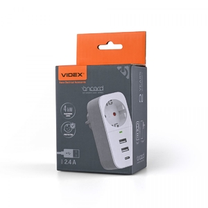 Сетевой адаптер с одной розеткой и 2USB+USB-C 2.4A White ONCORD 27697 Videx