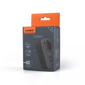 Мережевий адаптер з одною розеткою та 2USB+USB-C 2.4A Black ONCORD 27698 Videx