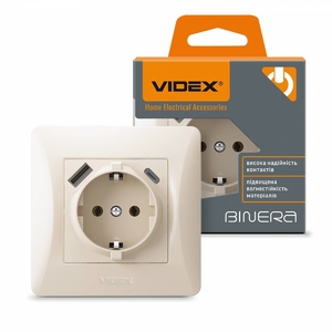 Розетка одинарна з заземленням та USB+USB-C, кремова BINERA 27863 Videx