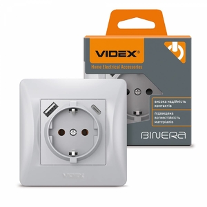 Розетка одинарна з заземленням та USB+USB-C, срібний шовк BINERA 27864 Videx
