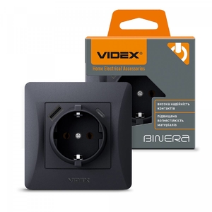 Розетка одинарна з заземленням та USB+USB-C, чорний графіт BINERA 27865 Videx