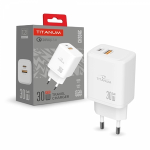 Зарядний пристрій USB-A+USB-C 30W GaN White CH30AC Titanum